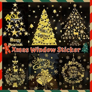 2023 สติกเกอร์ติดผนัง ลายซานตาคลอส คริสต์มาส สีทอง สําหรับตกแต่งบ้าน Golden Christmas Window Stickers DIY Wall Sticker New Year Glass Sticker Holiday Decoration Santa Claus Christmas Tree Sticker House Decoration Coffee Shop Resturant Decal 橱窗贴纸 圣诞贴纸 圣诞节