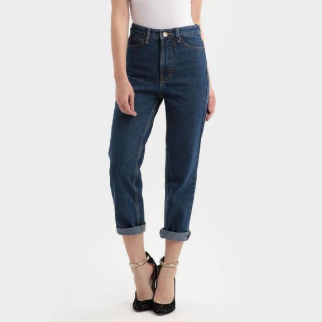 MKY CLOTHING กางเกงยีนส์เอวสูง Boyfriend Jeans สีกรมท่า ไม่ยืด ไซส์ 26 (ใหม่)