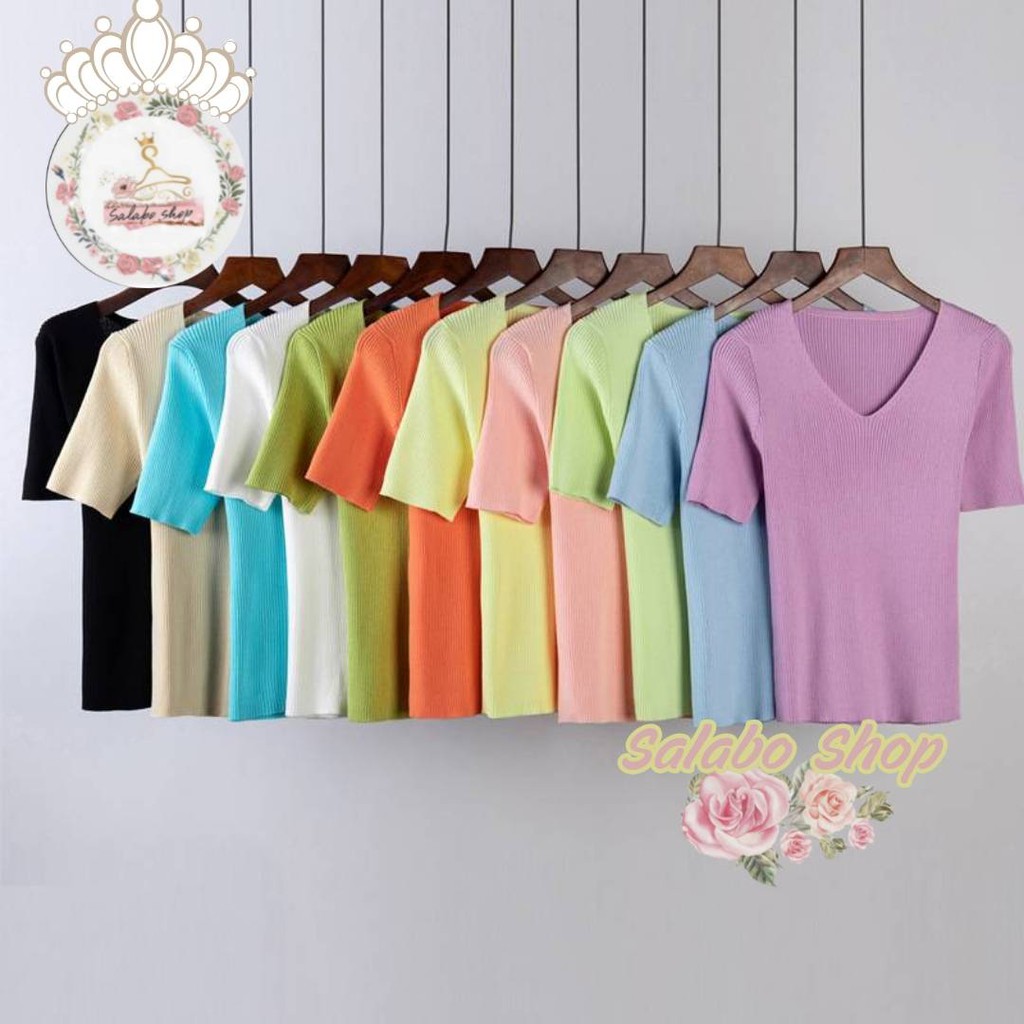 SALABO(พร้อมส่ง)22สี ไหมพรมคอวี เสื้อยืดคอวีสีพื้น ผ้าไหมพรม Free Size เสื้อยืดผู้หญิง-9966