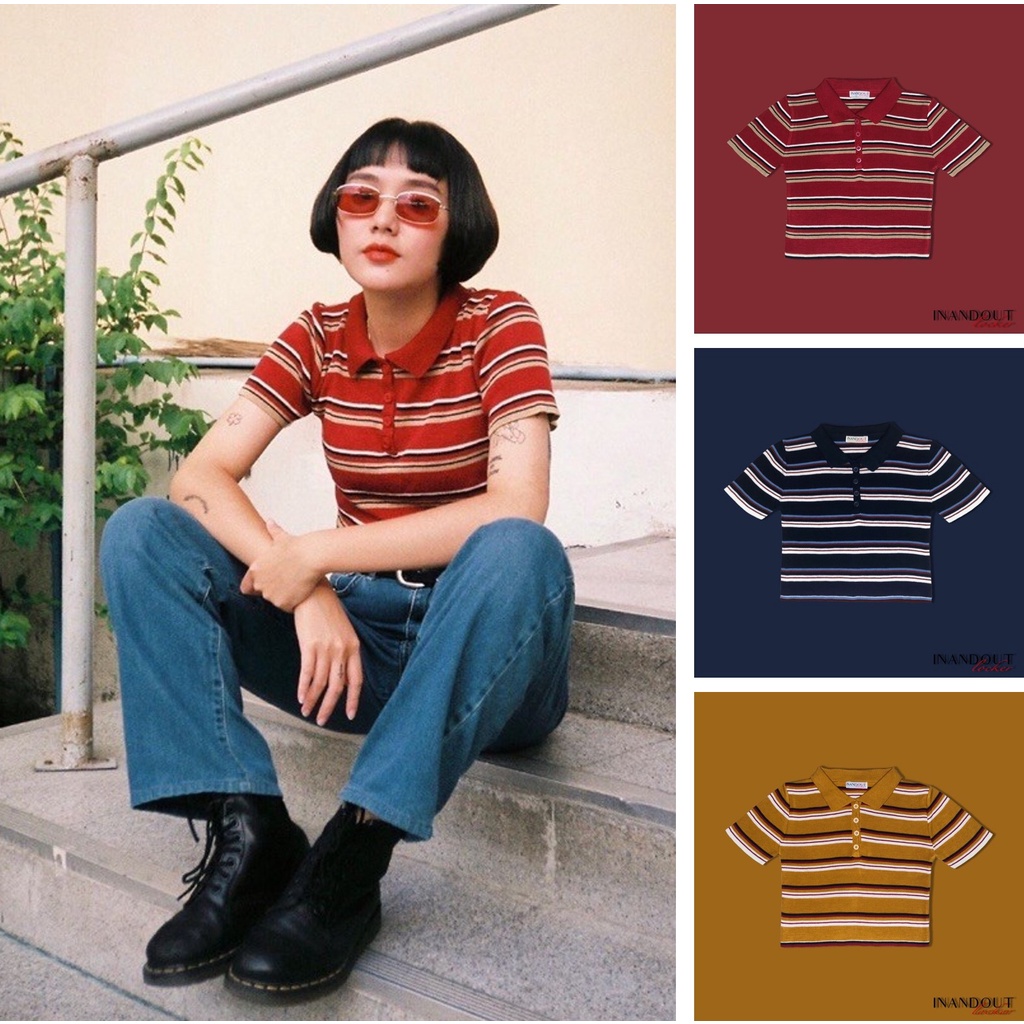 SALE!! - Inandout Locker - 90s Stripped Collar เสื้อครอป แขนสั้น คอปก ลายทาง ไหมพรม เอวลอย เสื้อผ้าผ