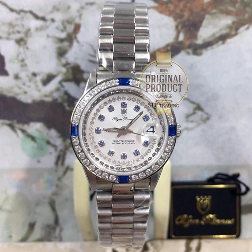 OP (Olym Pianus) นาฬิกาข้อมือผู้หญิงพลอยรอบ ซัฟฟราย สายสแตนเลส รุ่น 68322-403E SSB (เงิน/พลอยฟ้า)