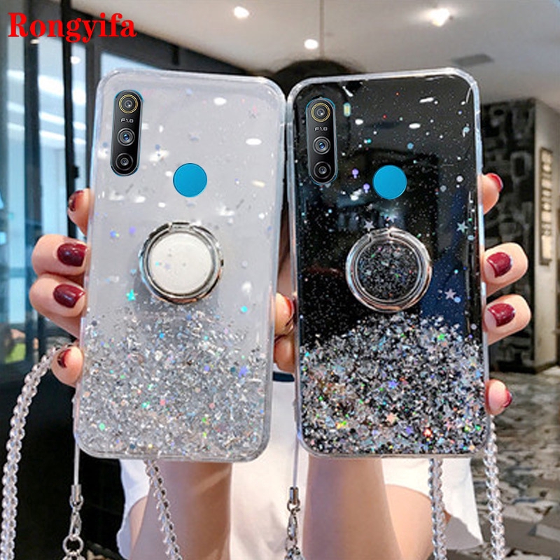 Glitter Phone Case For OPPO A31 Find X2 Realme 5 5i 5s C3 XT X2 3 Pro A9 A5 2020 Soft Bling Case with Ring Holder+Lanyard