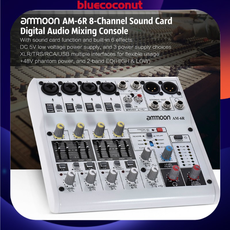ammoon AM6R 8Channel Digital Audio Mixer Mixing Console Builtin 48V