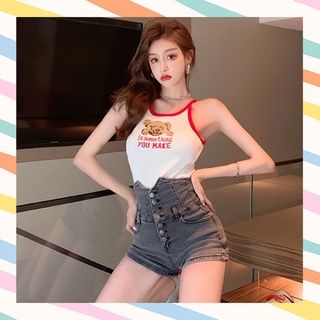 K2💝แฟชั่น เสื้อสายเดี่ยวกุ้นขอบแดง ปักลายน้องหมี  something you make