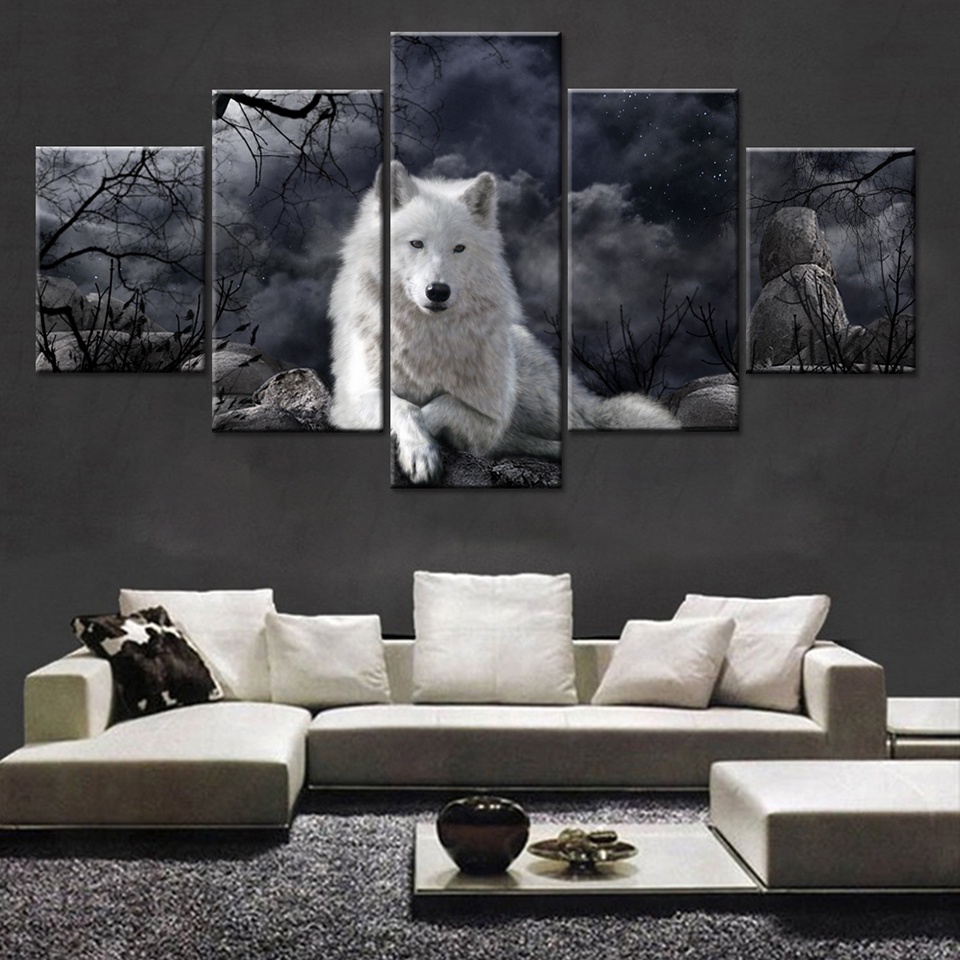 ภาพวาดสีน้ํามัน โปสเตอร์ติดผนัง ภาพแฟชั่น สําหรับตกแต่งบ้าน 5 แผง รูปสัตว์ หมาป่า ผ้าใบ ศิลปะพิมพ์ โมดูลาร์เด็ก