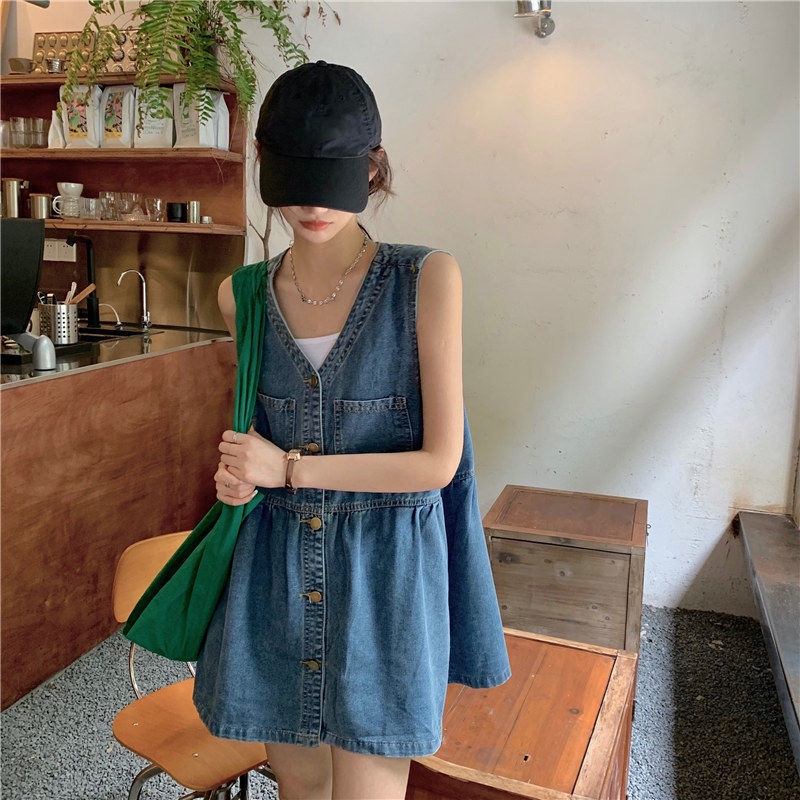 Overalls👖เดรสยีนส์ชุดเอี๊ยมยีนส์ผู้หญิงฤดูร้อนบางสไตล์เกาหลีแฟชั่นเดรสแขนกุดสายเอี๊ยม