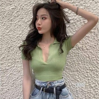 เสื้อไหมพรมแขนสั้น คอปกโปโล ผ่าอก แซ่บๆ ผ้านุ่ม ใส่สบาย ยืดได้เยอะมาก