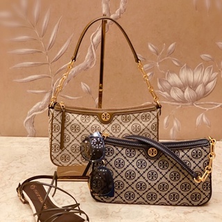 TB กระเป๋าสตรี TORY BURCH T MONOGRAM jacquard ซิปรักแร้กระเป๋า messenger 85137