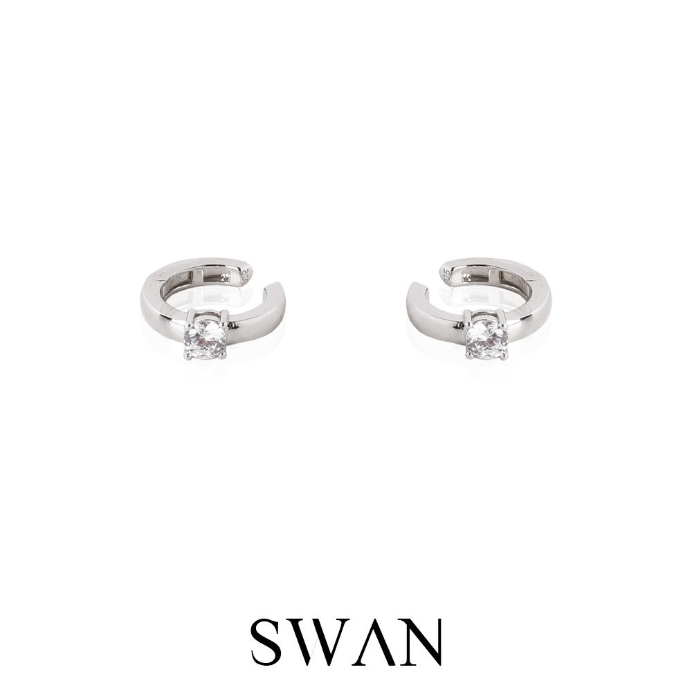 [ส่งด่วนฟรี]SWAN - Diamond Round Cuff ต่างหูหนีบเงินแท้ คล้องหู ไม่ต้องเจาะ ฝังเพชรคิวบิกเซอร์โคเนีย