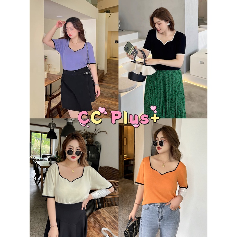 CiCi Plus+(2798)Knit shirt เสื้อครอปไหมพรมพลัสไซส์ ดีเทลคอกว้าง ทรงเบสิคใส่แมตช์ง่ายเก๋ๆ