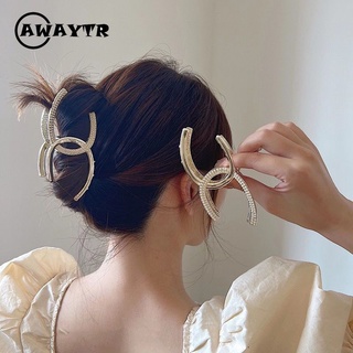 Awaytr กิ๊บติดผม ตัวอักษรคริสตัล เกาหลี โลหะผสม สําหรับผู้หญิง สีทอง มุก พลอยเทียม กิ๊บติดผม ขนาดใหญ่ เครื่องประดับผม