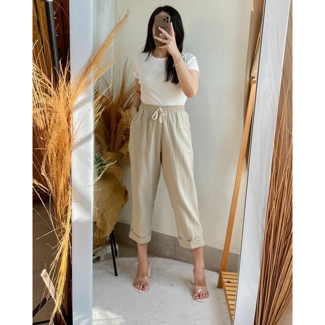 Putih HITAM Mossa Highwaist Casual Linen Pants Pants White Black Linen 7/8 Women