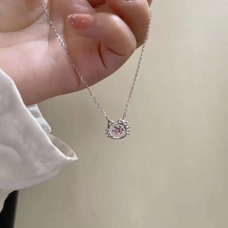 Cartoon Cat Pink Diamond Love Necklace Girl New Girl Cute Cat Head Necklace Ins Necklace Female Light Luxury Niche Necklace