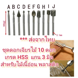 AD43 ชุดดอกเจียรไม้ 10 ดอก เกรด HSS แกน 3 มิล สำหรับไม้เนื้ออ่อน พลาสติก