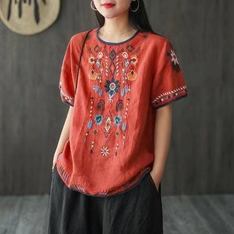*พร้อมส่ง*ใหม่ฯ เสื้อผู้หญิงแขนสั้น เสืื้อคลอกลม เสื้อผ้าลินินเย็บปักฤดูร้อง ใส่สบายฯ