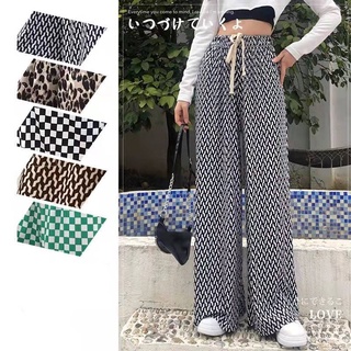 Ready Stock Women Plaid Striped Print Drawstring High Waist Pants Straight Casual Long Wide Leg Pants Palazzo Pants