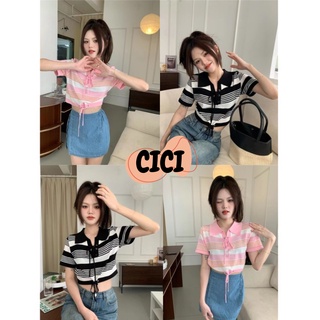 Cici(NO.A1046)เสื้อครอปแขนสั้นไหมพรมลายทาง คอปก ดีเทลมีสายผูกหนเ้าอก เซ็กซี่น่ารักกก