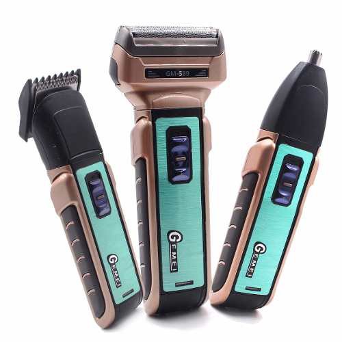 Gemei ชุดปัตตาเลี่ยนตัดผม โกนหนวด ตัดขนจมูก&ขนหู 3 in 1 เปลี่ยน 3 หัว GM-589 มอเตอร์ Pd Alloyโกนหนวดใบมีดฟอยล์คู่ –สีทอง