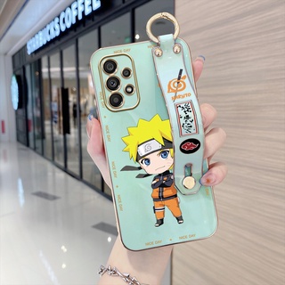 เคสโทรศัพท์มือถือ TPU นิ่ม ขอบสี่เหลี่ยม ลายการ์ตูนนารูโตะ Uzumaki หรูหรา พร้อมสายรัดข้อมือ สําหรับ Samsung Galaxy A73 A53 A33 A23 A13 5G