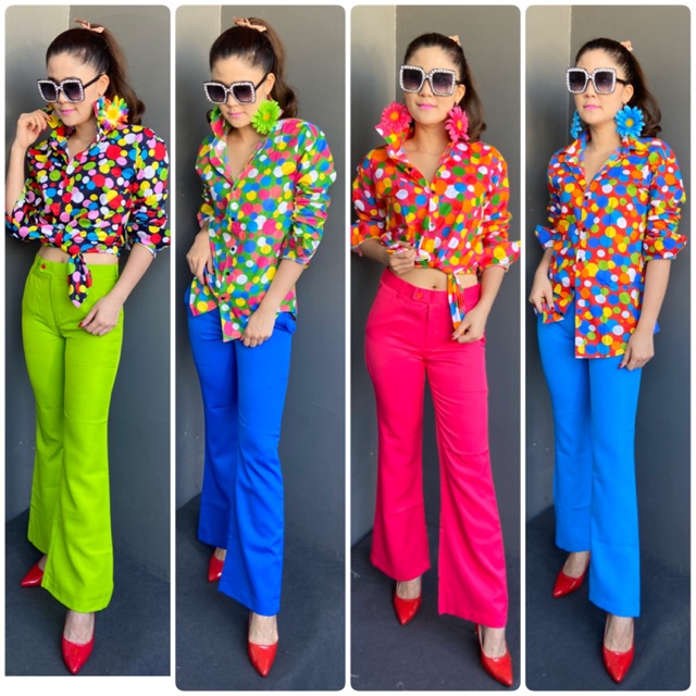 เซตเสื้อลายจุดกางเกงสีพื้น ชุดย้อนยุค (เสื้อ+กางเกง)