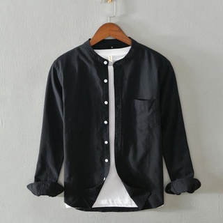 *เสื้อเชิ้ตสีขาวผ้าฝ้ายแขนยาวสำหรับผู้ชายฤดูใบไม้ร่วง สไตล์สบายๆหลวม