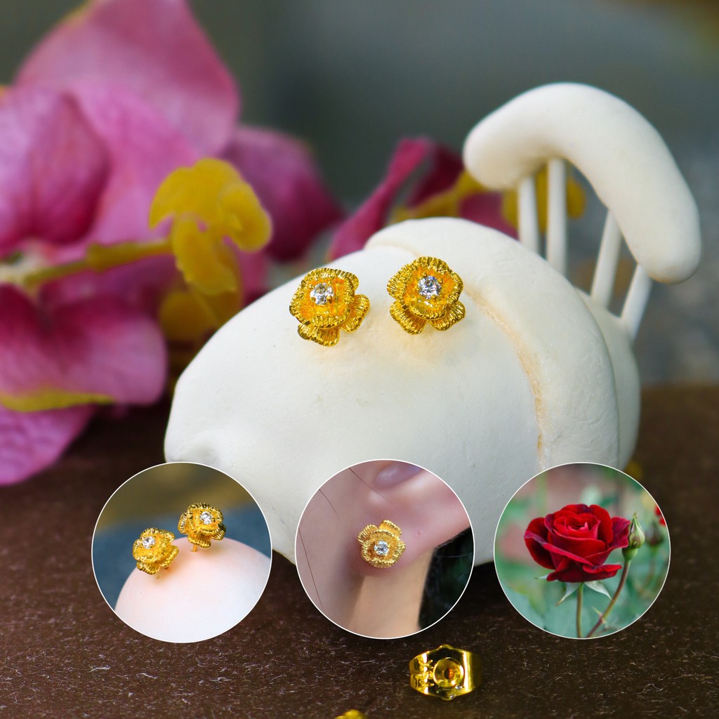 ต่างหูกุหลาบเพชร ตัวเรือนสีทอง  รุ่นA10 1คู่ CN Jewelry earings ตุ้มหู ต่างหูแฟชั่น ต่างหูเกาหลี ต่างหูทอง