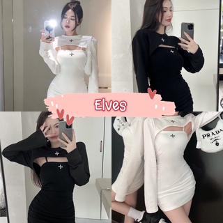 Elves✨พร้อมส่ง✨ ชุดเดรส+เสื้อครอปแขนยาว ผ้าดีเทลไหมพรม สีพื้นเรียบๆ ~58063+58063-1~ -C