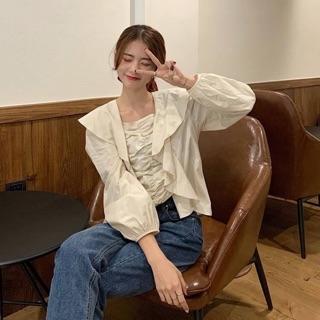 🍑 Noodle korean shirt เสื้อคอเหลี่ยม แขนยาว เเต่งระบาย สีเนื้อเบจ เนื้อผ้าโพลีเอสเตอร์ 🌈