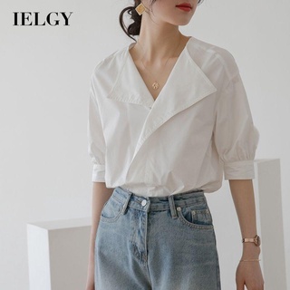 IELGY เสื้อเชิ้ตแขนสั้น สีขาว สไตล์ฝรั่งเศสย้อนยุค สําหรับผู้หญิง