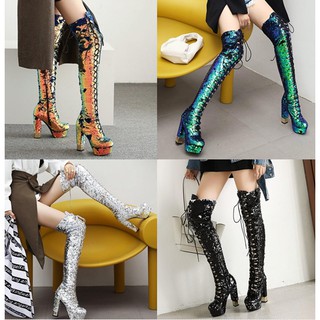 รองเท้าบูทยาวเลยเข่างานปักเลื่อม ไซต์ 34-43 สีดำ/เงิน/ทอง/เขียว