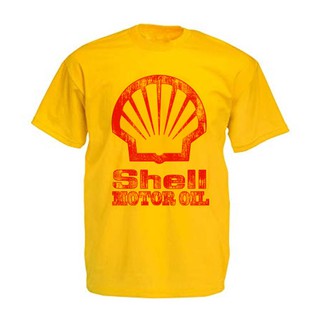 เสื้อยืด สีเหลือง  คอกลม SHELL 001 VINTAGE OIL LUBRICANT น้ำมันเครื่อง วินเทจ เรซซิ่ง ผ้าพรีเมียม