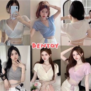 Bentoy(88918)เสื้อครอปท็อปแขนสั้น เสื้อไหมพรมดีเทลผูกสายเอว หน้าวีเซ็กซี่ หลังหัวใจ