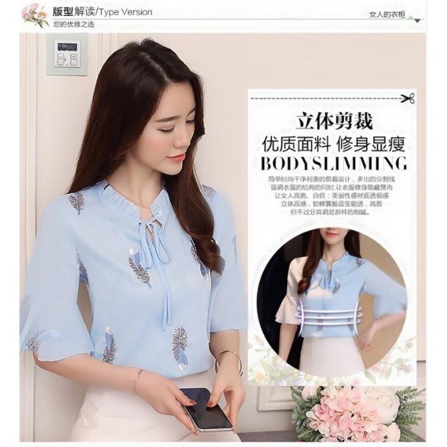 [Ready Stock] Women Bell-Sleeve Flower Chiffon Blouse Korean Style Short Sleeves Loose Shirt #3