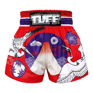 TUFF มวยไทย กางเกงมวยไทย สีแดง ลายนก TUFF Muay Thai Boxing Shorts Red Japanese Drawing Crane Birds