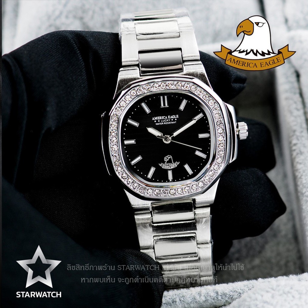 นาฬิกาสมาร์ทวอช นาฬิกาควอตซ์ AMERICA EAGLE นาฬิกาข้อมือผู้หญิง สายสแตนเลส รุ่น AE8014Lเพชร – SILVER/BLACK