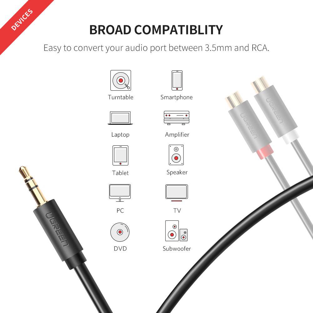 UGREEN รุ่น 10547 Aux 3.5mm Male to 2RCA Female Adapter Cable Aux Stereo ยาว 25cm สำหรับมือถือ, คอม, ลำโพง, Amp