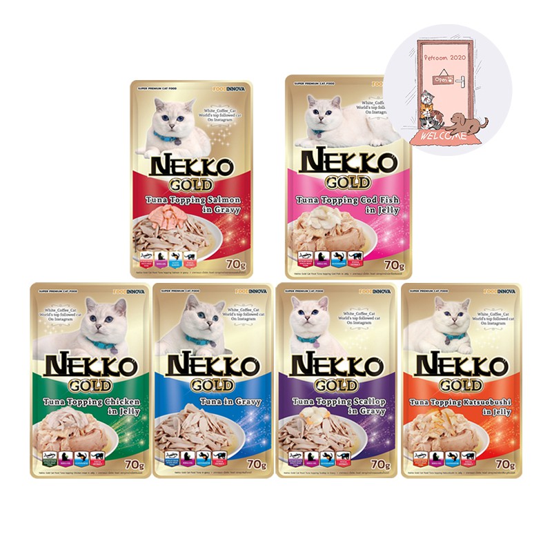 Nekko Gold  อาหารแมวเปียกแบบซองสูตรพรีเมี่ยม ขนาด 70  กรัมมี 6 สูตร