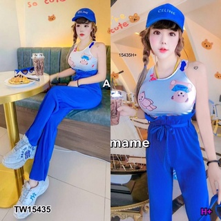 TW15435  Set 2 ชิ้น เสื้อกล้ามทรงครอปลายการ์ตูนหมี มาพร้อมกางเกงเอวระบายขายาวอัดพลีท + เชือกผุกเอว