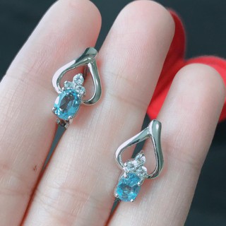 ต่างหูพลอยสวิสบลูโทพาส(Swiss Blue Topaz)สีฟ้าประดับด้วยเพชรรัสเซียCZ ตัวเรือนเงินแท้ 925 GE1401