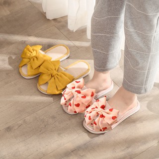 Home slippers รองเท้าแตะผ้าลินินในบ้านรองเท้าแตะโบว์ใหญ่ของผู้หญิงระบายอากาศได้ในร่ม