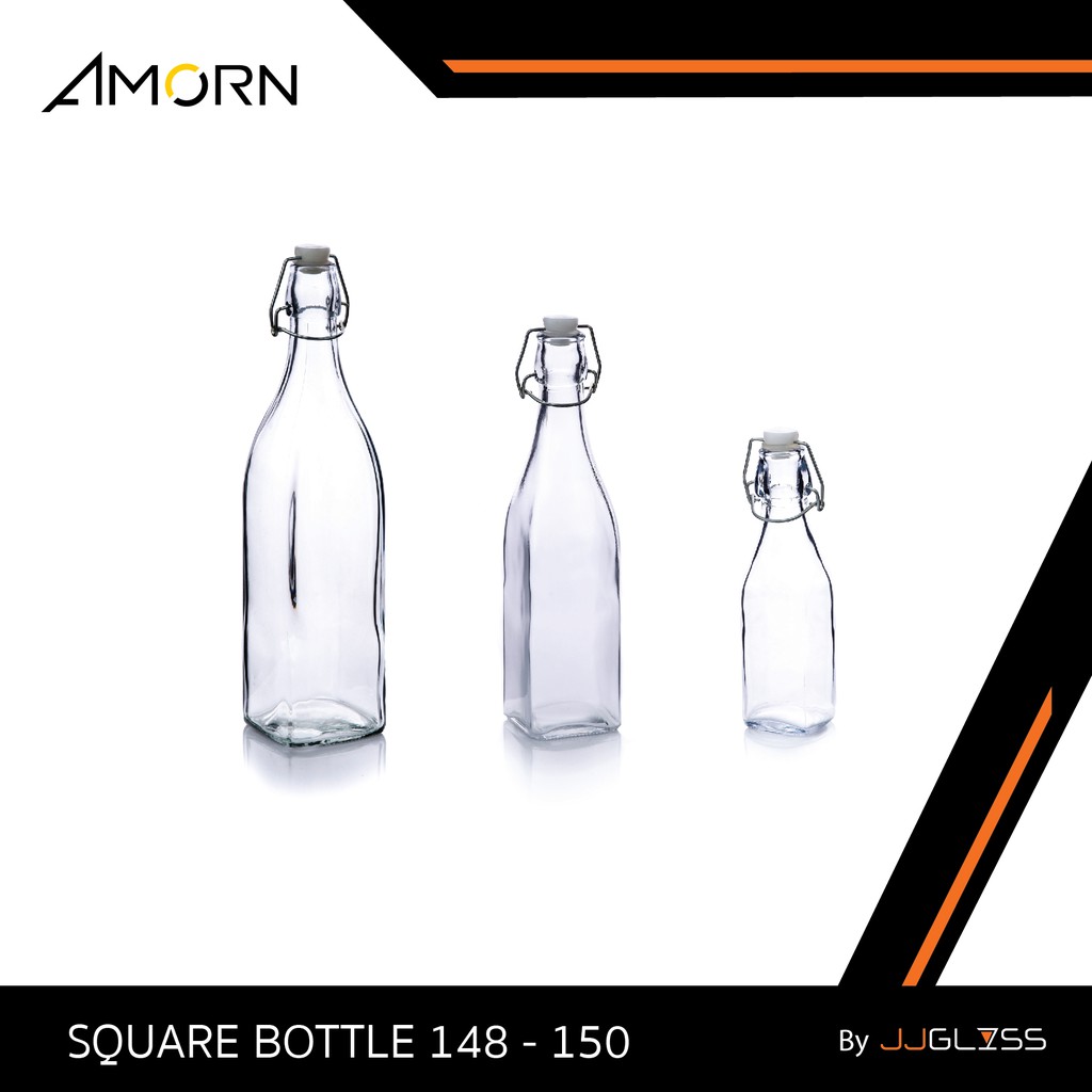 JJGLASS - (AMORN)SQUARE BOTTLE-ขวดแก้วคลิปล็อค ทรงเหลี่ยม ฝาสปริงจุกล็อก มีทั้งหมด 3 ขนาด 250 มล,500