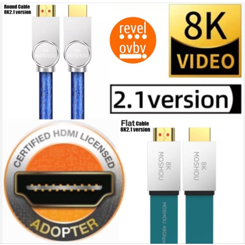 MOSHOU HDMI 2.1 Cable 8K 60Hz, 4K 120Hz, 3D Ultra HDR 48Gbps HiFi eARC Dolby Atmos HDCP2.2 Cable for