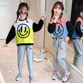 (พร้อมส่ง)  ชุดเด็ก เสื้อหน้ายิ้มเเขนยาว+กางเกงขายาว งานยกเซ็ท