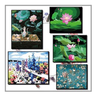 40*50cm DIY ภาพวาดสีน้ำมัน ภาพระบายสีตามตัวเลข Painting By Numbers  lotus and flowers