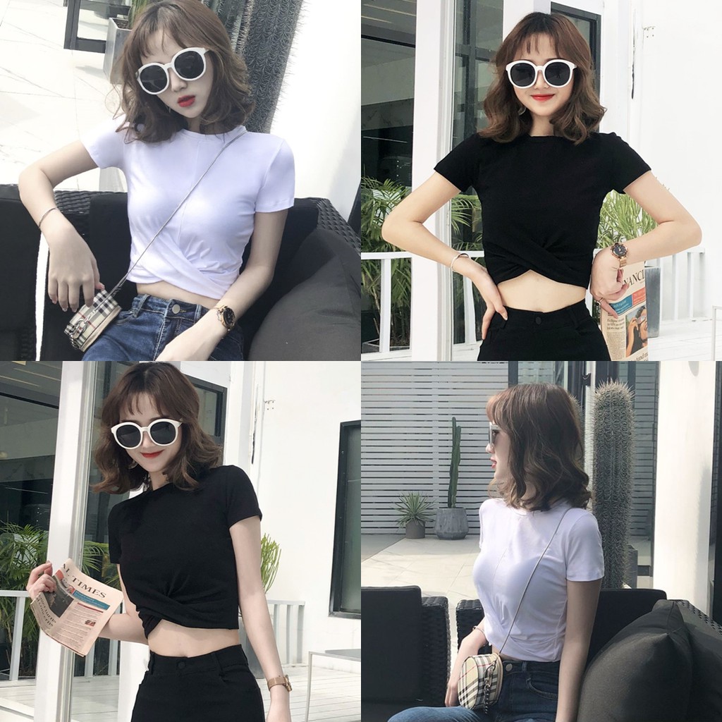 ราคาถูกที่สุด เสื้อครอปคอกลมแขนสั้น แต่งชายเสื้อไขว้ทับกันเก๋ๆ