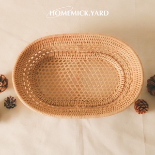 homemick.yard🤎 ถาดหวายทรงรีสลักขอบ ใหญ่ สานแน่น แข็งแรง ทรงสวยสำหรับใส่ของ ตกแต่งสวย มีเคลือบแลคเกอร์