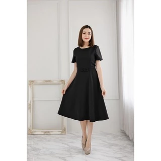 TEESBRAND ชุดทำงานสีดำ T1228 ทรงบาน เสื้อคอกลม มีโบว์เข็มขัด ชุดสุภาพ ใส่งานพิธี สินค้าพร้อมส่ง เดรสดำ