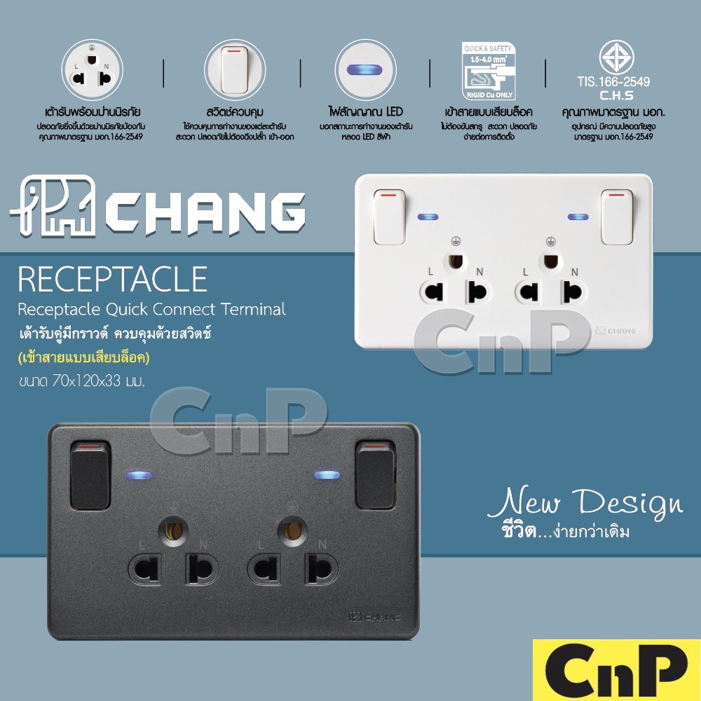 CHANG ปลั๊กกราวด์คู่ มีม่าน พร้อมหน้ากาก ควบคุมด้วยสวิตซ์ ช้าง รุ่น PCH-904 มี 2 สี – โปรปัง