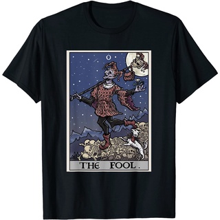 ผ้าฝ้ายคอกลมเสื้อยืด พิมพ์ลายไพ่ทาโรต์ The Fool Jester Gothic Spooky Horror เหมาะกับวันฮาโลวีน สําหรับผู้ใหญ่from S-4XL