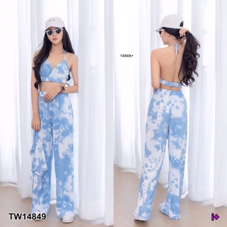 TW14849  Set 3 ชิ้น บราผูกคอ + เสื้อกล้าม + กางเกงขายาว เอวสม็อกรอบ มีกระเป๋าล้วงข้าง เนื้อผ้า sport micro ลายมัดย้อม